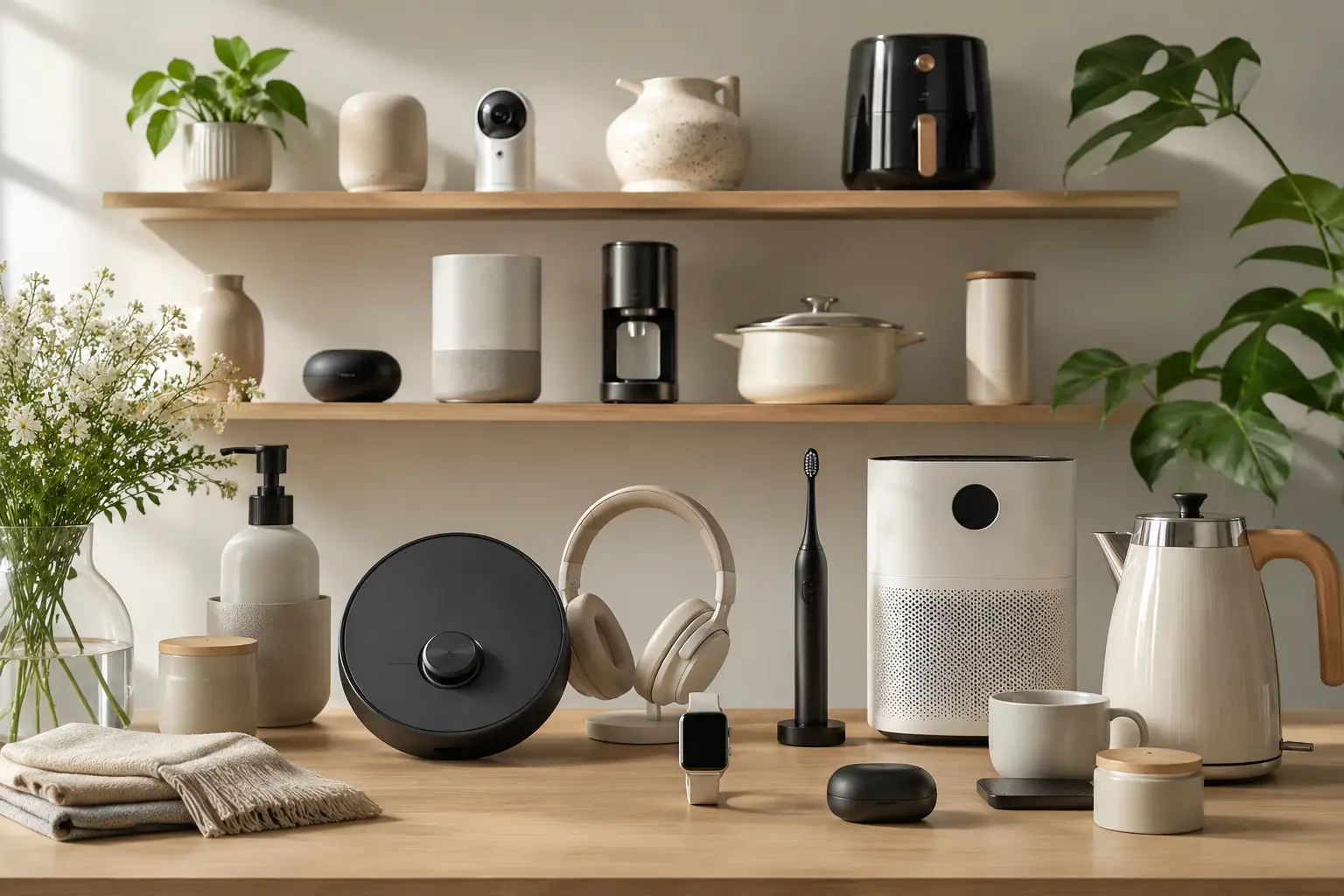 Selección de los mejores productos modernos para el hogar, tecnología y accesorios en un ambiente minimalista