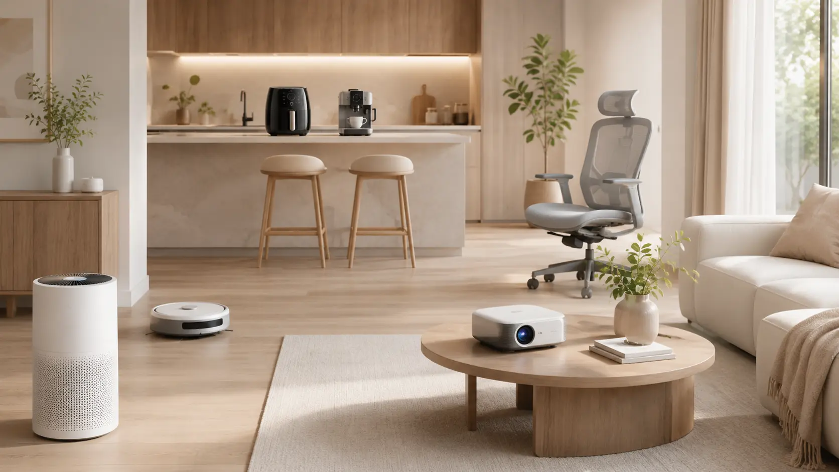 Sala moderna y luminosa con purificador de aire, aspiradora robot, proyector portátil, cafetera de cápsulas, airfryer y silla ergonómica