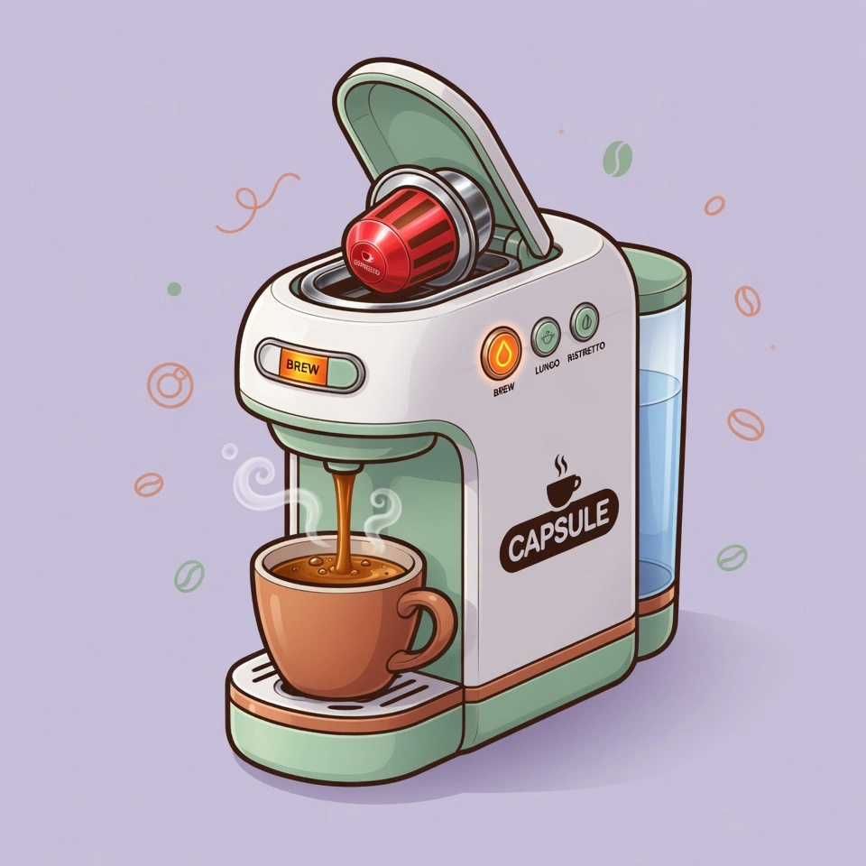 Cafetera de cápsulas eléctrica preparando café recién hecho con crema en una taza