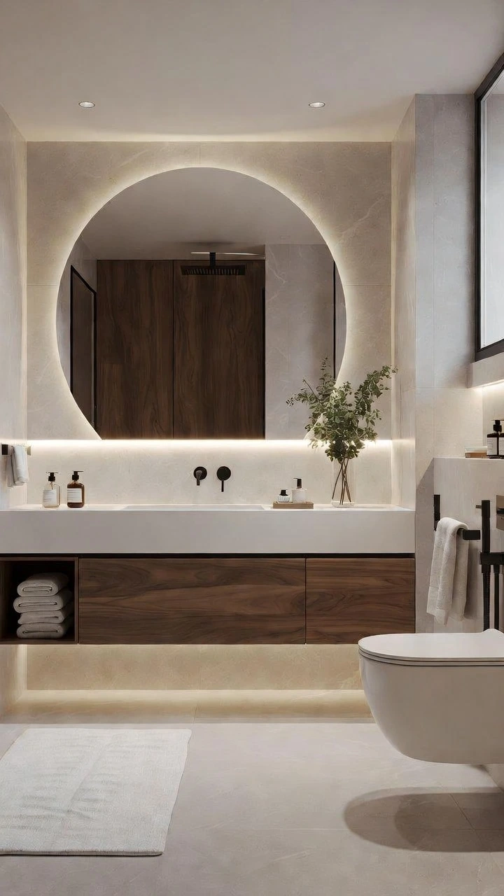 Inodoro blanco suspendido en un baño moderno con iluminación cálida, espejo circular retroiluminado y muebles de madera.