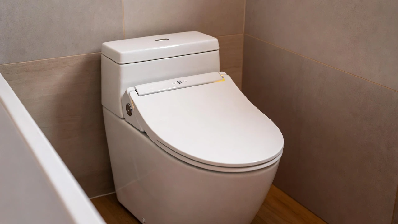 Inodoro blanco de diseño moderno con funciones inteligentes instalado en baño con paredes beige y piso de madera.