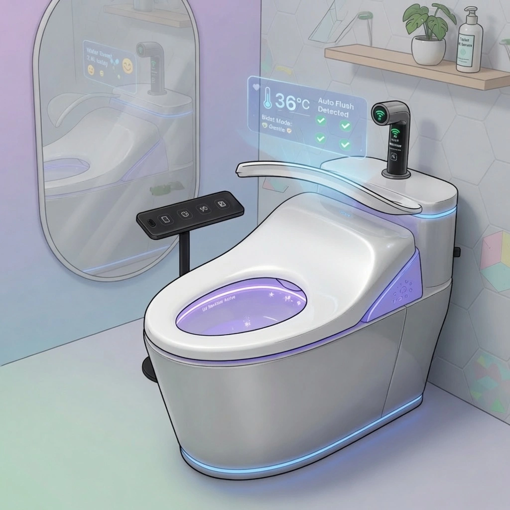Inodoro inteligente blanco con iluminación LED y pantalla digital en un baño moderno