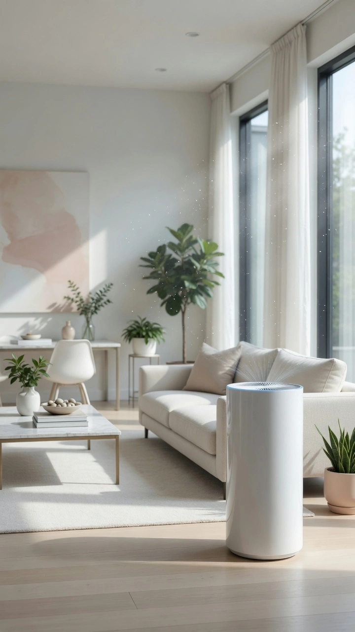 Purificador de aire blanco en una sala moderna y luminosa con luz natural y plantas