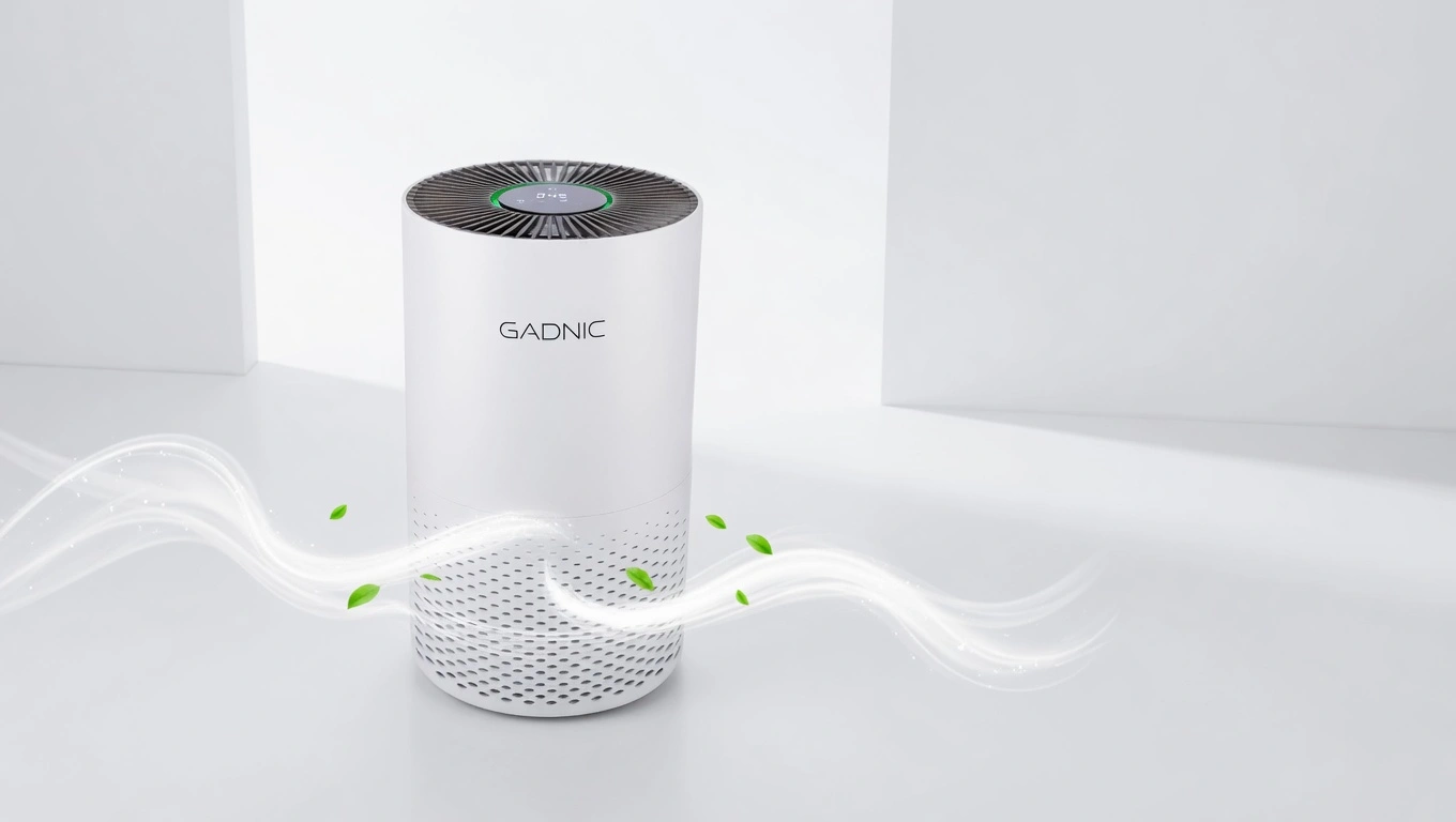 Purificador de aire GADNIC blanco en una sala moderna y luminosa con flujo de aire limpio