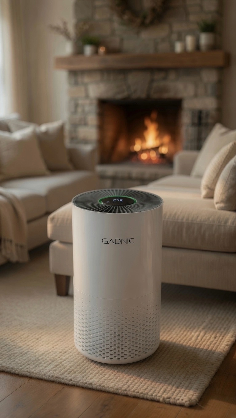 Purificador de aire GADNIC blanco en una sala de estar acogedora con chimenea encendida