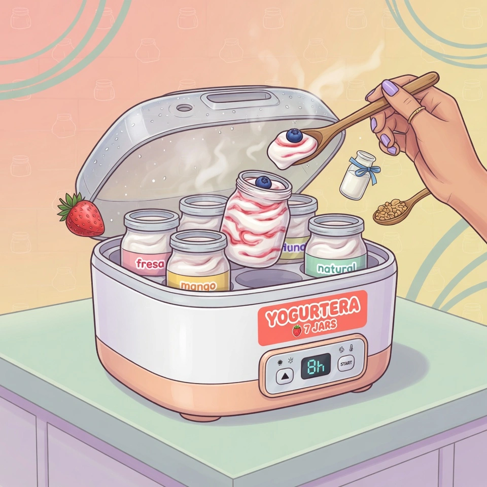 Yogurtera eléctrica con 7 jarras de yogurt casero de sabores fresa, mango y natural