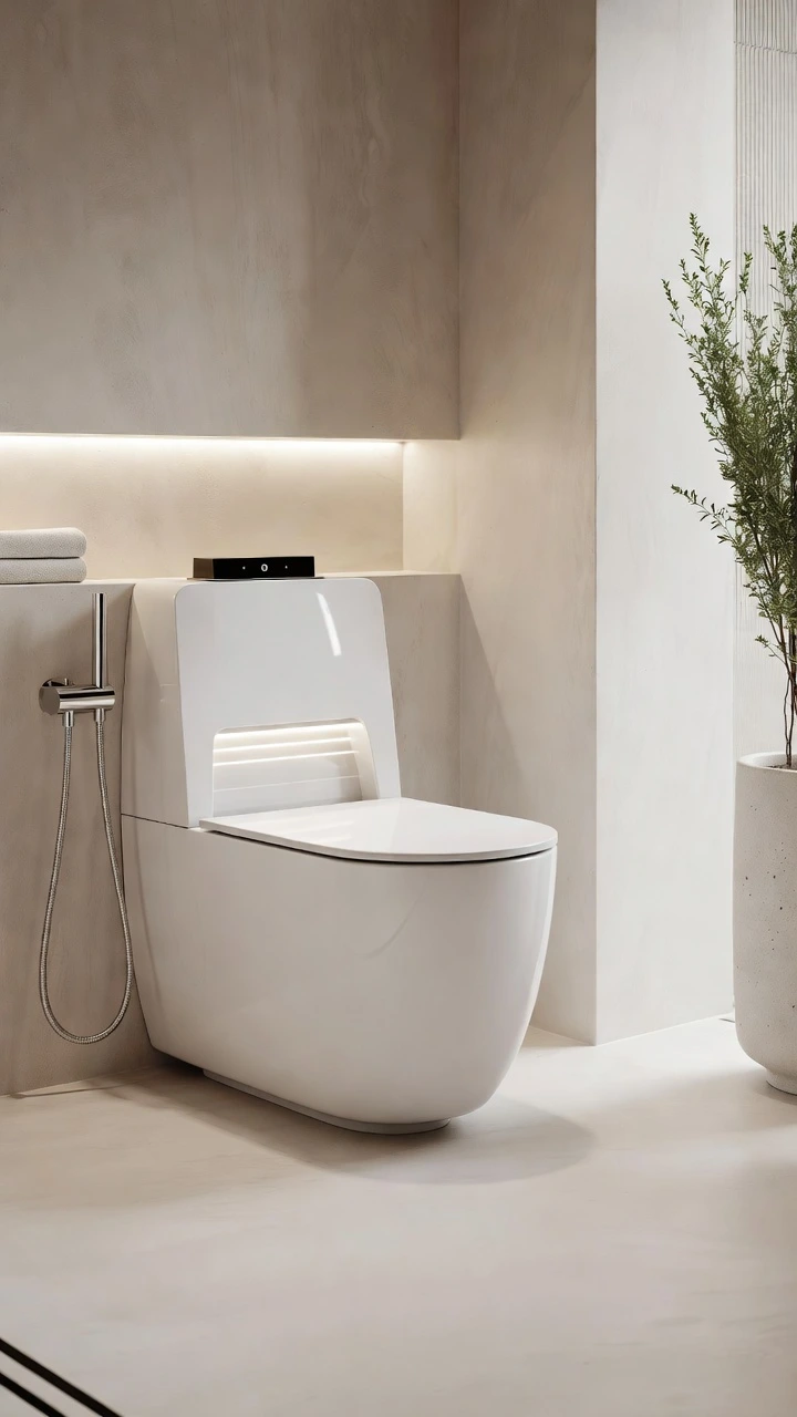 Inodoro de diseño moderno con iluminación LED integrada en un baño minimalista.