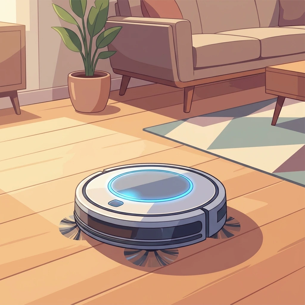 Aspiradora robot de diseño circular con luz azul en la parte superior, limpiando un piso de madera en una sala de estar con sofá y planta