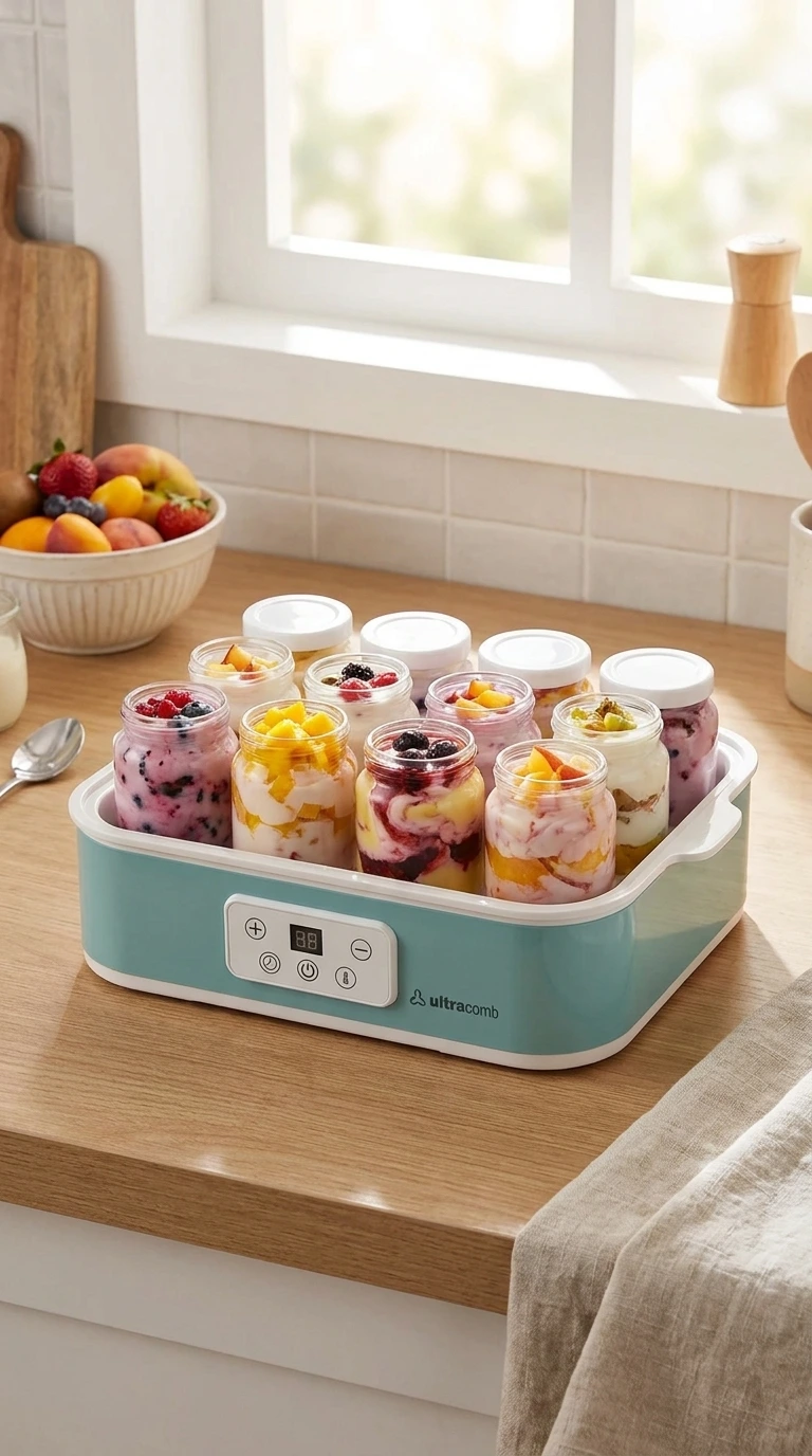 Yogurtera eléctrica color turquesa con recipientes de vidrio llenos de frutas frescas y lácteos sobre mesa de madera cerca de una ventana