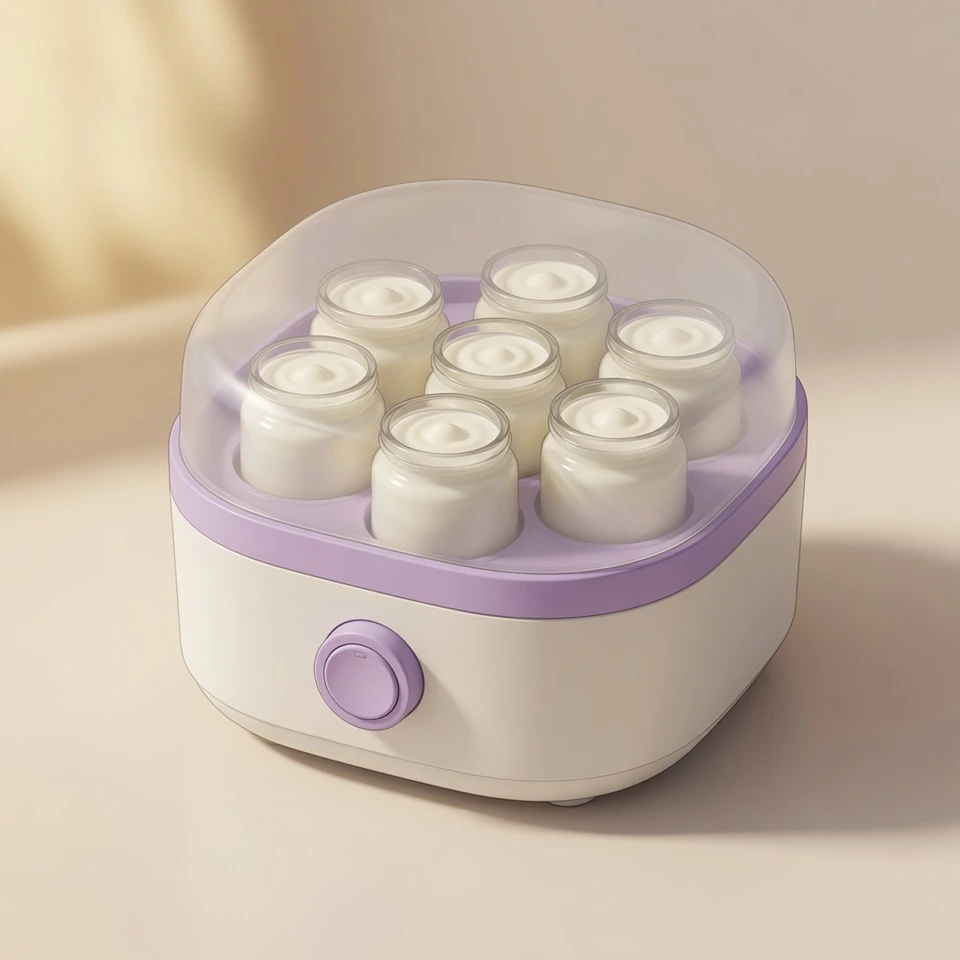 Yogurtera eléctrica blanca y morada con 7 tarros de vidrio llenos de yogurt y tapa transparente