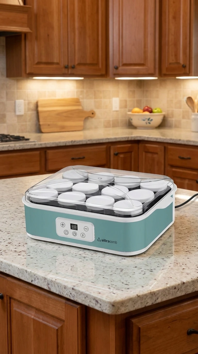 Yogurtera eléctrica color turquesa con 9 recipientes de tapa blanca y cubierta transparente sobre encimera de granito