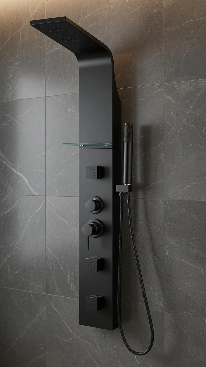 Columna de ducha en negro mate instalada sobre pared de mármol gris, con duchero de lluvia superior, ducha manual, controles termostáticos, jets de masaje corporal y estante de vidrio