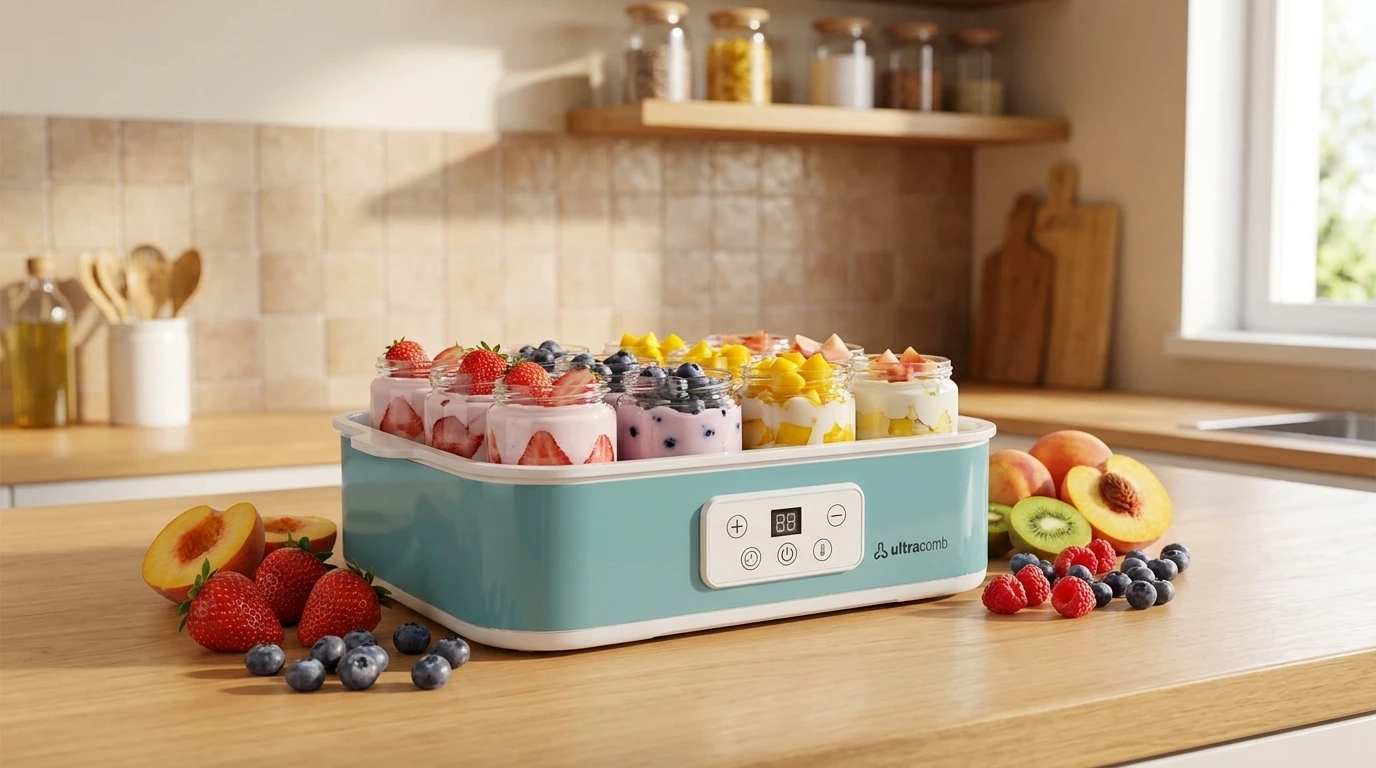 Yogurtera eléctrica color turquesa con 7 recipientes de vidrio llenos de yogur con frutas frescas como fresas, arándanos y mango sobre encimera de cocina